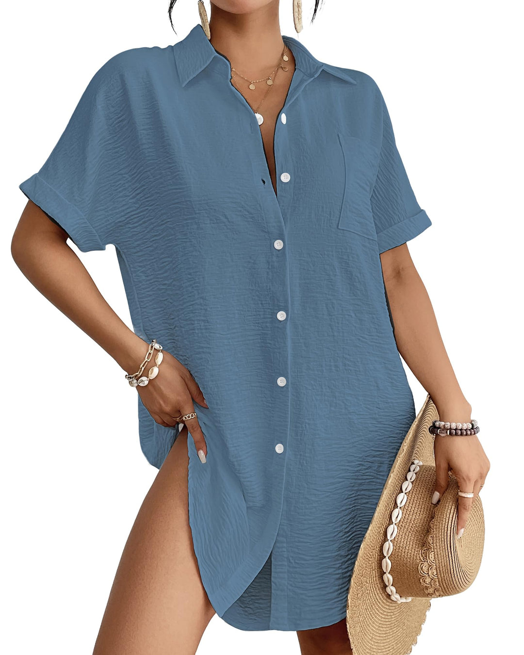 Bsubseach Frauen Badeanzug Coverup Shirt Kleid Button Down Badeanzug Cover Up Beachwear Haze Blue M,