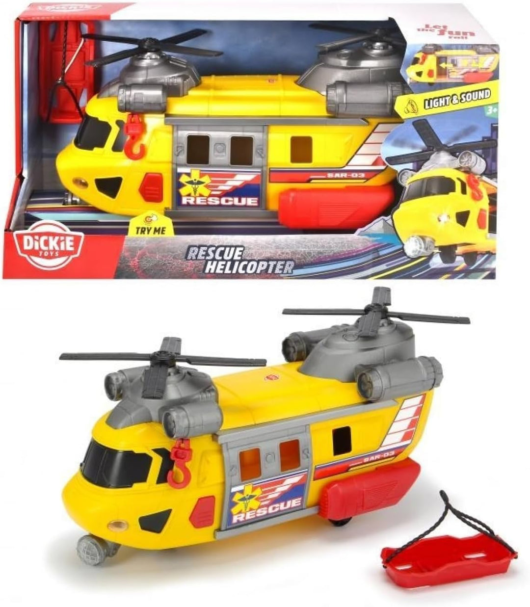 Dickie Toys Rettungshelikopter mit drehbarem Frontlicht &amp; Sound, Helikopter mit Aufzieh-Seilwinde in