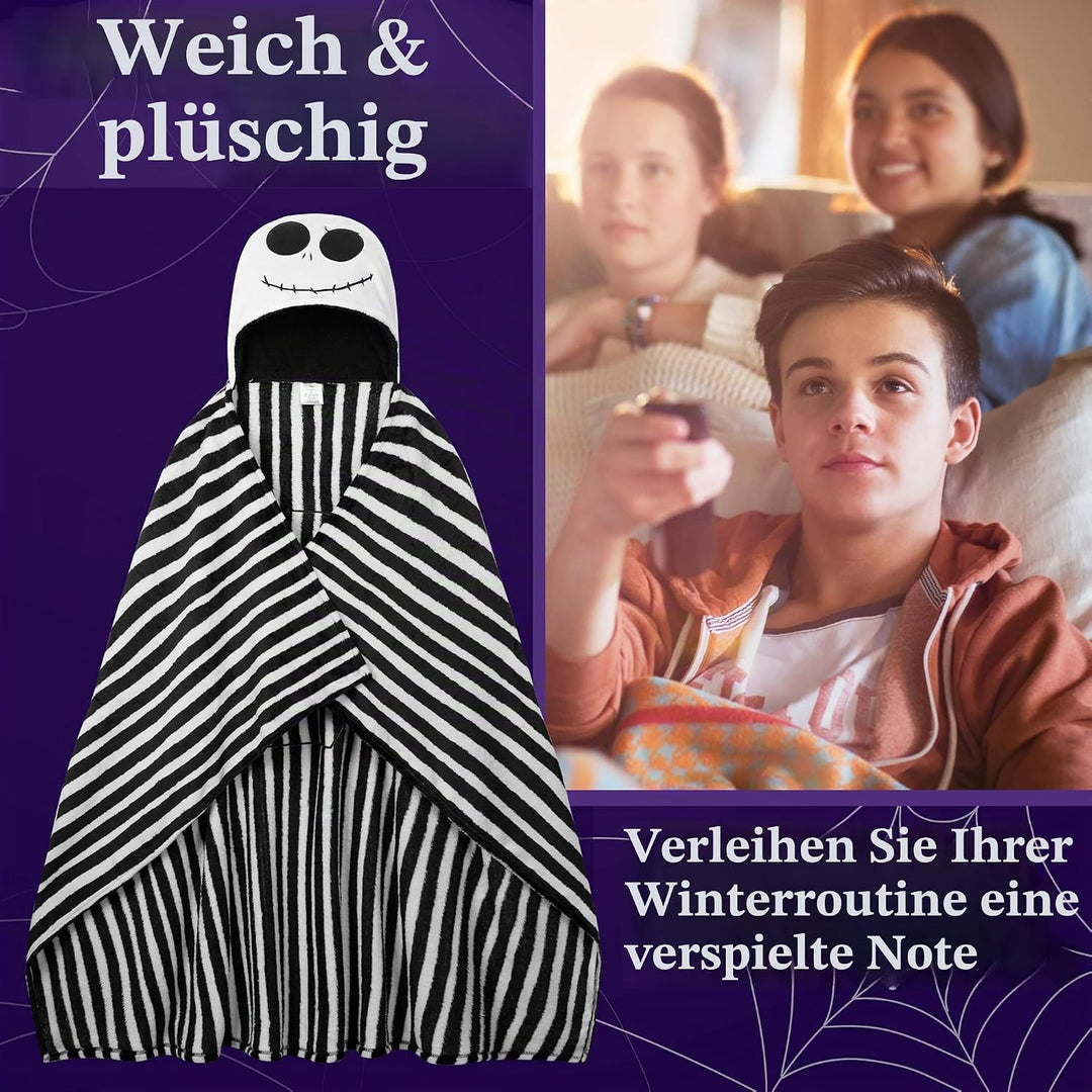 Disney The Nightmare Before Christmas Kuscheldecke mit Kapuze 150x120cm, Weiche Warme Fleecedecke, F