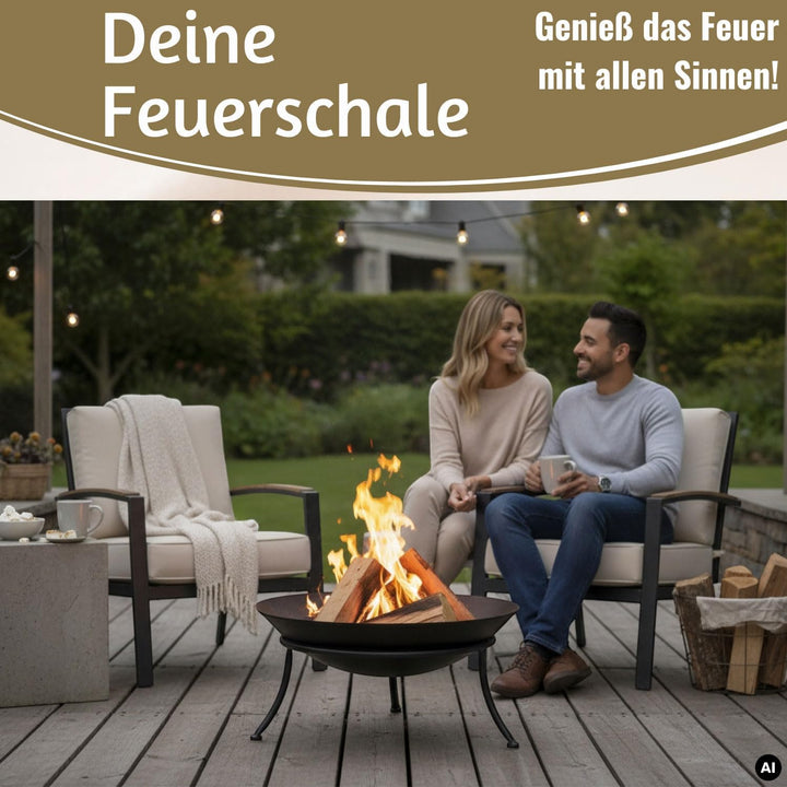 LS-LebenStil Feuerschale Eisen 47cm Schwarz Gestell 3-Bein mit Ring Schale, Schwarz