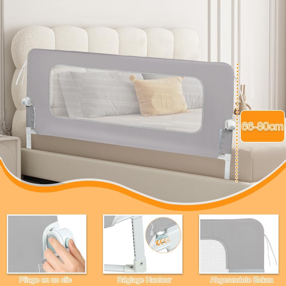 OHMG Bettgitter für Babys, 150 cm, faltbar, Sicherheitsbarriere für Kinder, tragbar, Bettgitter für