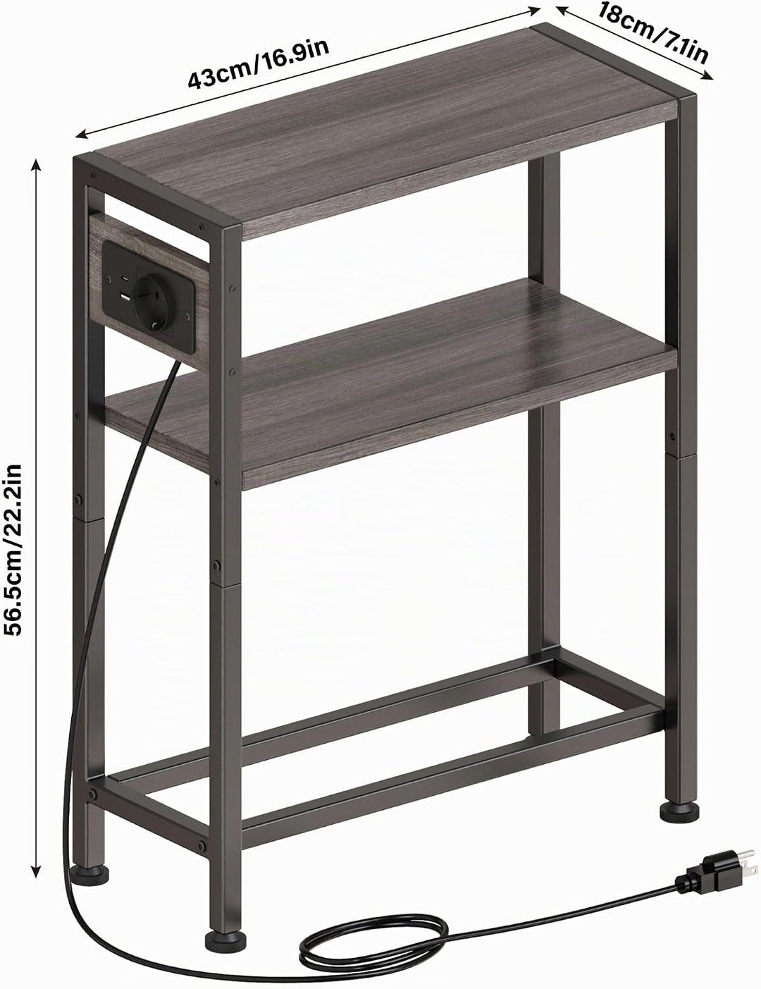 Kleiner Schmaler Beistelltisch mit Ladestation, Schlanker Endtisch für Kleine Räume, Schlanker Nacht