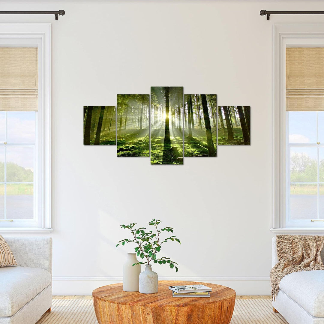 Runa Art Bild Schlafzimmer Wohnzimmer Wald Landschaft 5 Teilig Sonne Grün Wandbilder auf Vlies Leinw