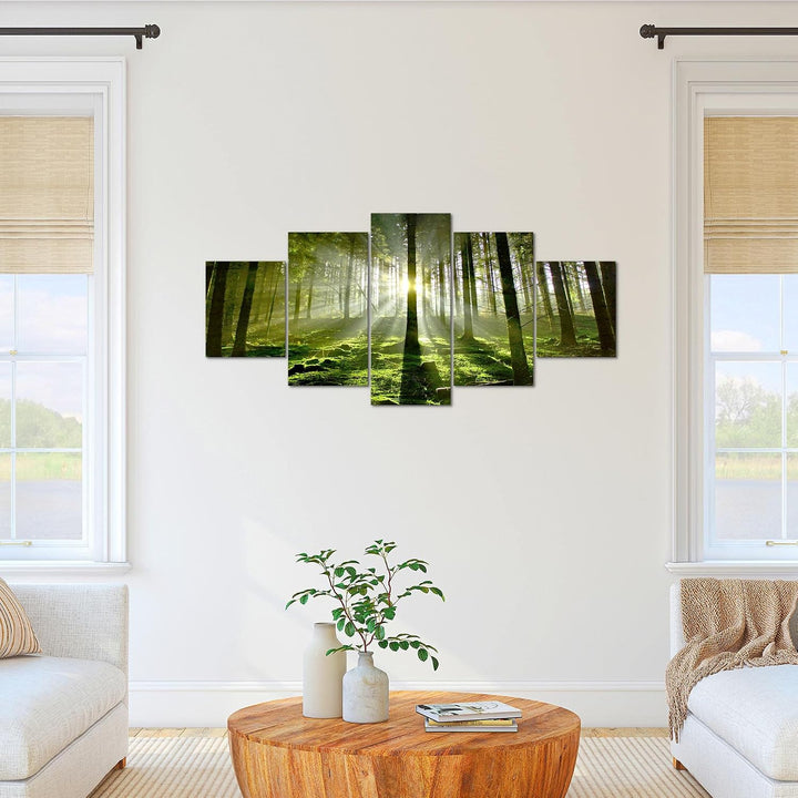 Runa Art Bild Schlafzimmer Wohnzimmer Wald Landschaft 5 Teilig Sonne Grün Wandbilder auf Vlies Leinw