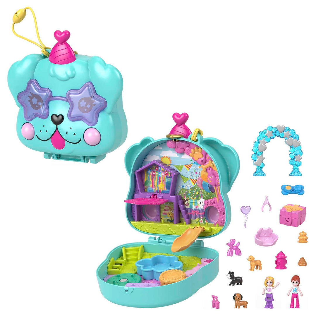 Polly Pocket Hunde-Party Schatulle - Spielset mit 2 Puppen, 5 beweglichen Spielelementen, 14 Accesso
