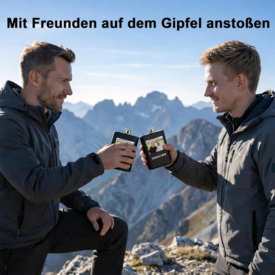 Flachmann Personalisiert mit Foto &amp; Namen Edelstahl Schwarz, Schwarz