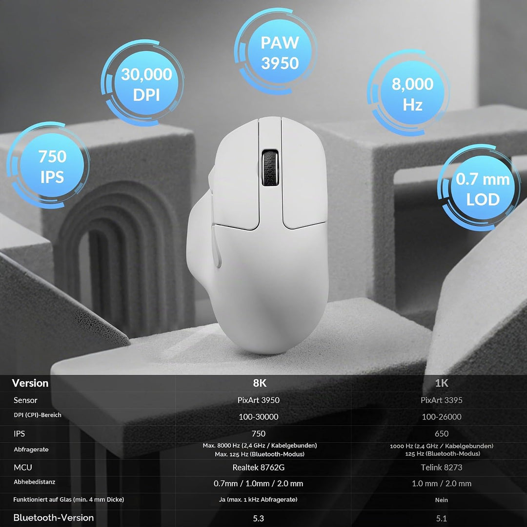 Keychron M7 8K Kabellose Maus, 30000 DPI Optische Computermaus, 8000 Hz Abtastrate, 2,4 GHz/Bluetoot