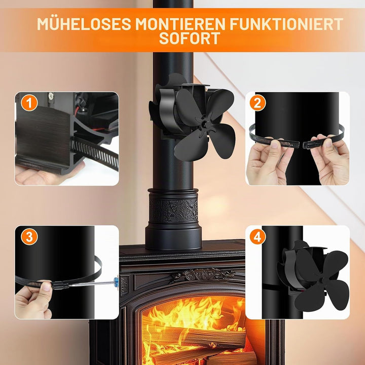 Kaminventilator 6 Flügel Ofenventilator Ohne Strom, Holzofenventilator Leiser Betrieb, Angetrieb The