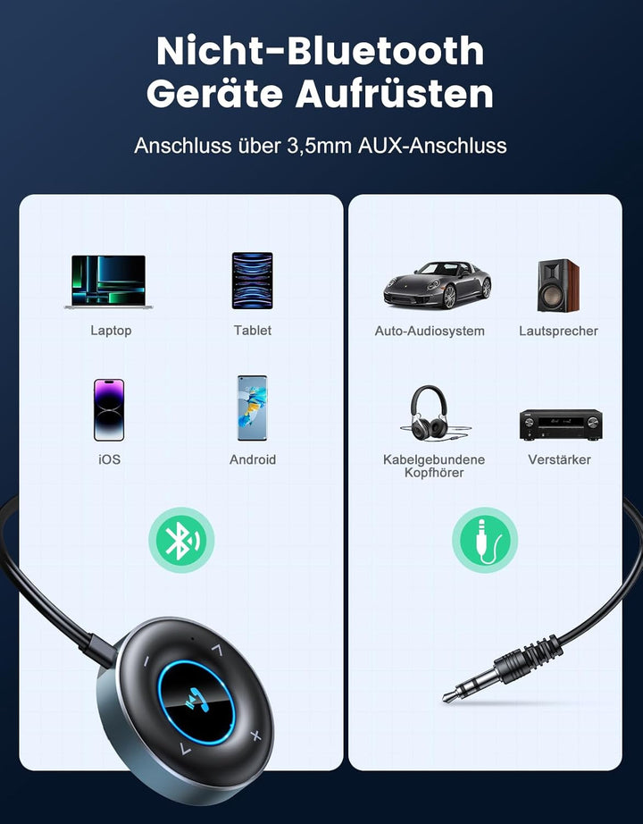 Aux Bluetooth Adapter Auto, [Plug &amp; Play] Bluetooth 5.3 Empfänger Klinke 3.5mm, Freisprechanrufe, Du