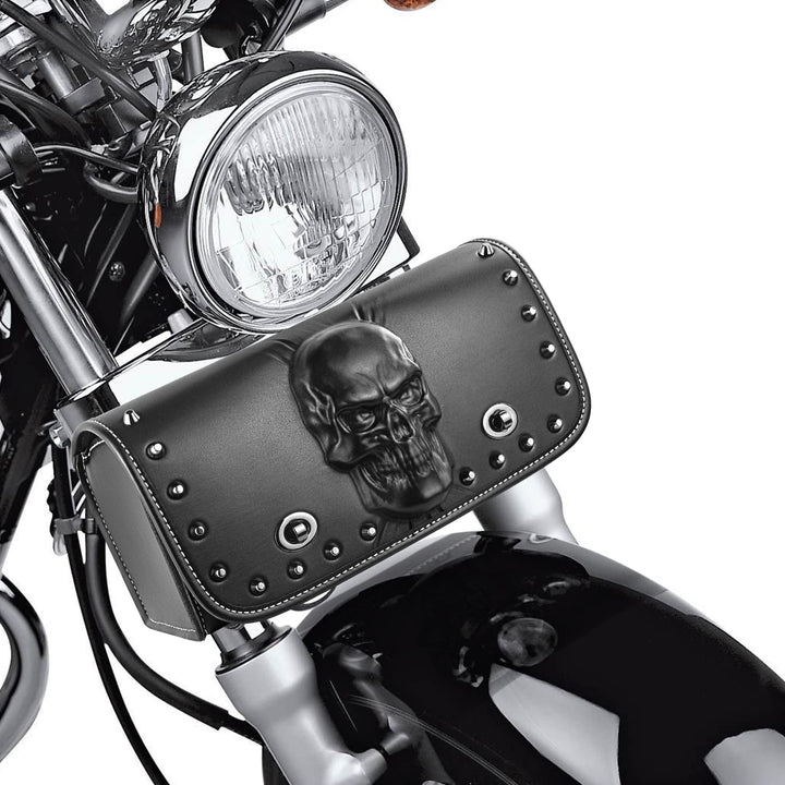 YHTIMIOX Universal Motorrad 3D Skull Tool SaddleBags Front Fork Handlebar Bag PU Leder Sissybar Aufb