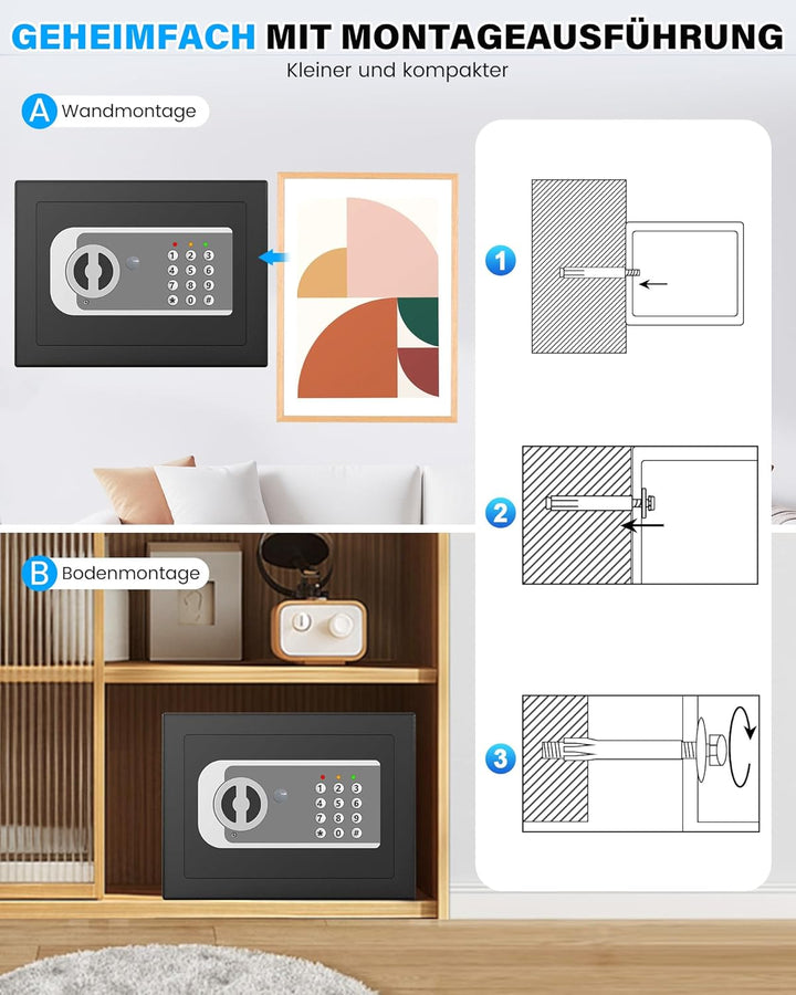 13L Mini Safe Tresor für Zuhause, Digitaler Tresor mit Ersatzschlüssel, Abnehmbarem Regal und Alarma