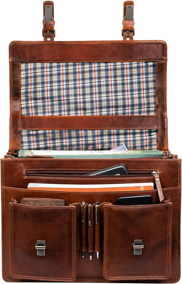Marc Peter Amsterdam Aktentasche Leder XL Lehrertasche mit Laptopfach 15,6 Zoll grosse Ledertasche z