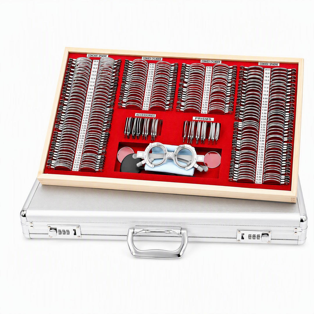 266Pcs Testlinsen-Set, 57x36x9.5cm Optisch Messbrille Linse Augenoptiker Metal Optometry Optical Tri