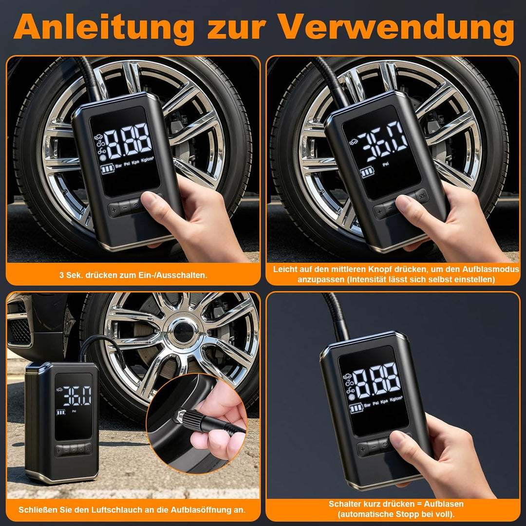 Elektrische Luftpumpe, 150PSI Akku Kompressor mit LED Licht und Auto Stopp