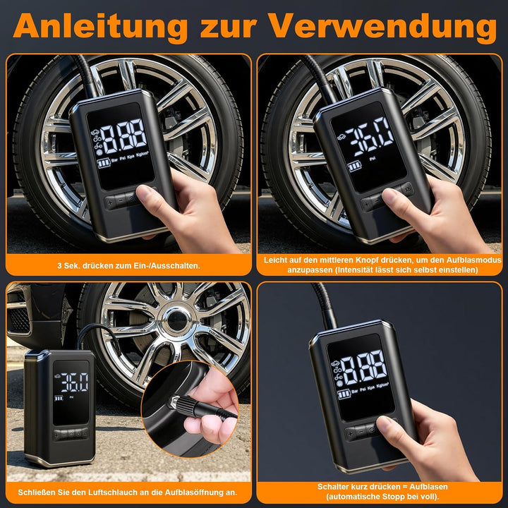 Elektrische Luftpumpe, 150PSI Akku Kompressor mit LED Licht und Auto Stopp