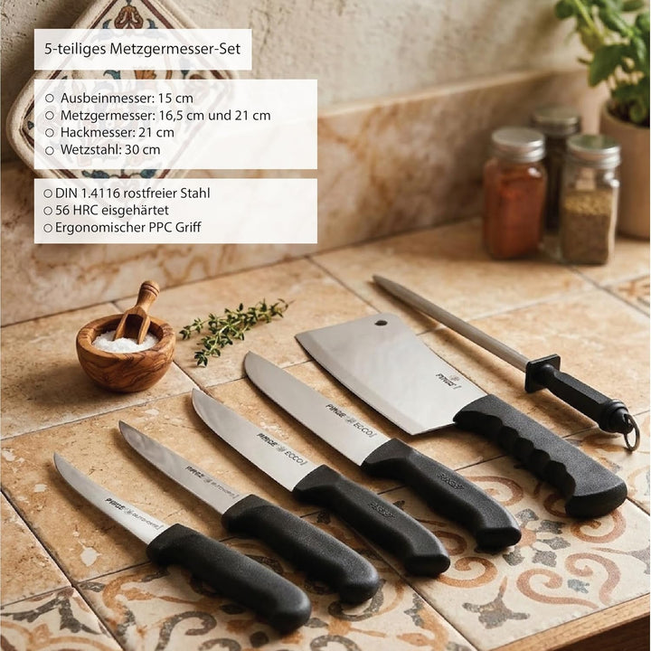 Pirge Metzgermesser Set 6 TLG Schlachtermesser - Fleischermesser - Hackmesser - Exzellenter Schärfe