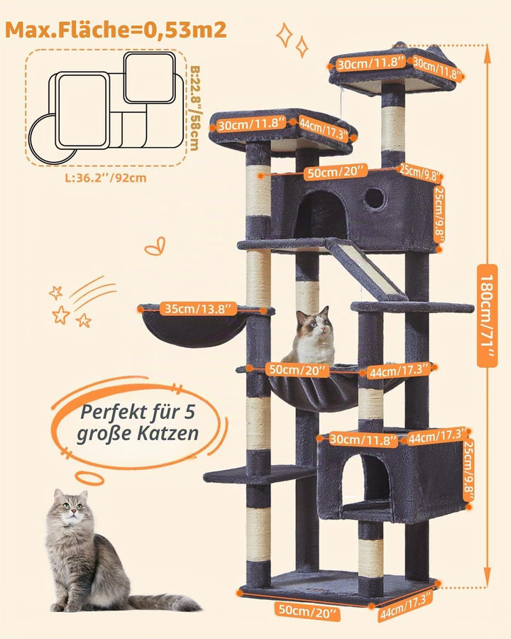 Taoqimiao 180CM Kratzbaum Gross, Katzenbaum Katzen Kratzbaum Grosse Katzen Stabil mit 2 Katzenhaus,