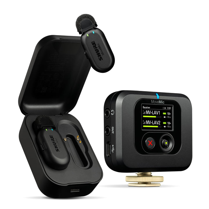 Shure MoveMic Two Set-Profi Funk-Ansteckmikros mit Empfänger für Kamera, iPhone, Android, Mac &amp; PC,