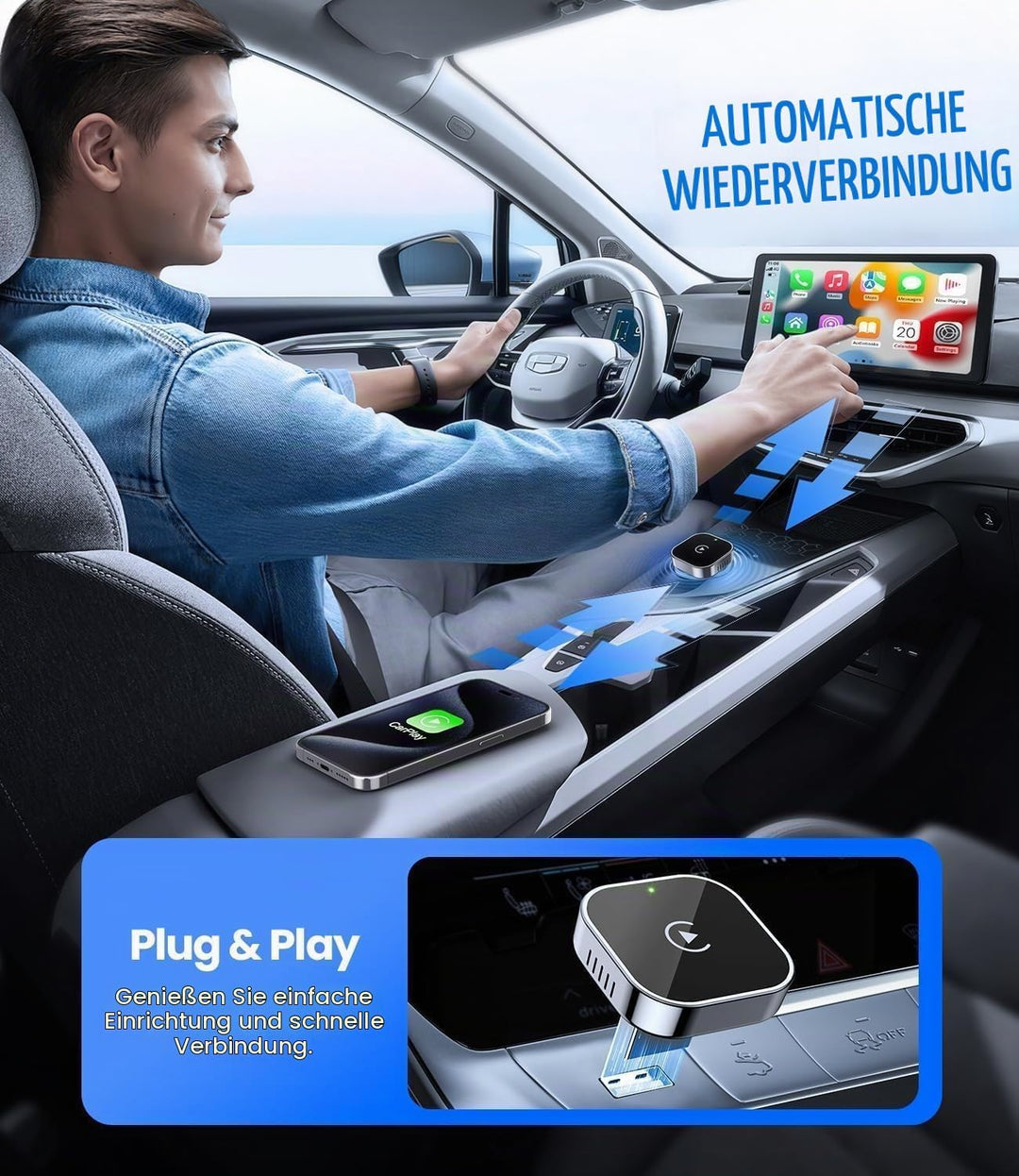 CarPlay Wireless Adapter für iPhone – Upgrade auf kabelloses CarPlay, Plug &amp; Play, USB/Type-C, Mini