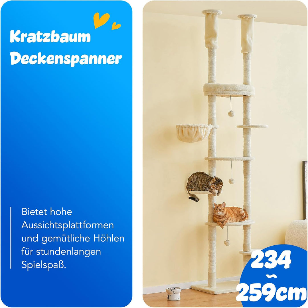 Deckenhoher Katzenbaum 234-259 cm höhenverstellbar, 2-Säulen-Design mit 12 Sisal-Pfosten, mehrstöcki