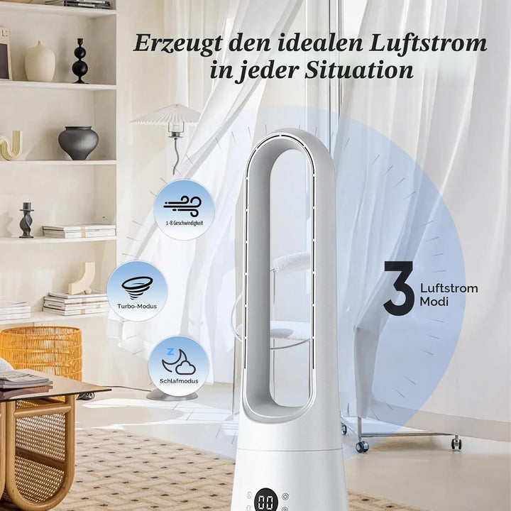Leiser Turmventilator, Lüfter ohne Rotorblätter – 8 Stufen + Boost-Modus, 90° Oszillation, 5 m Fernb