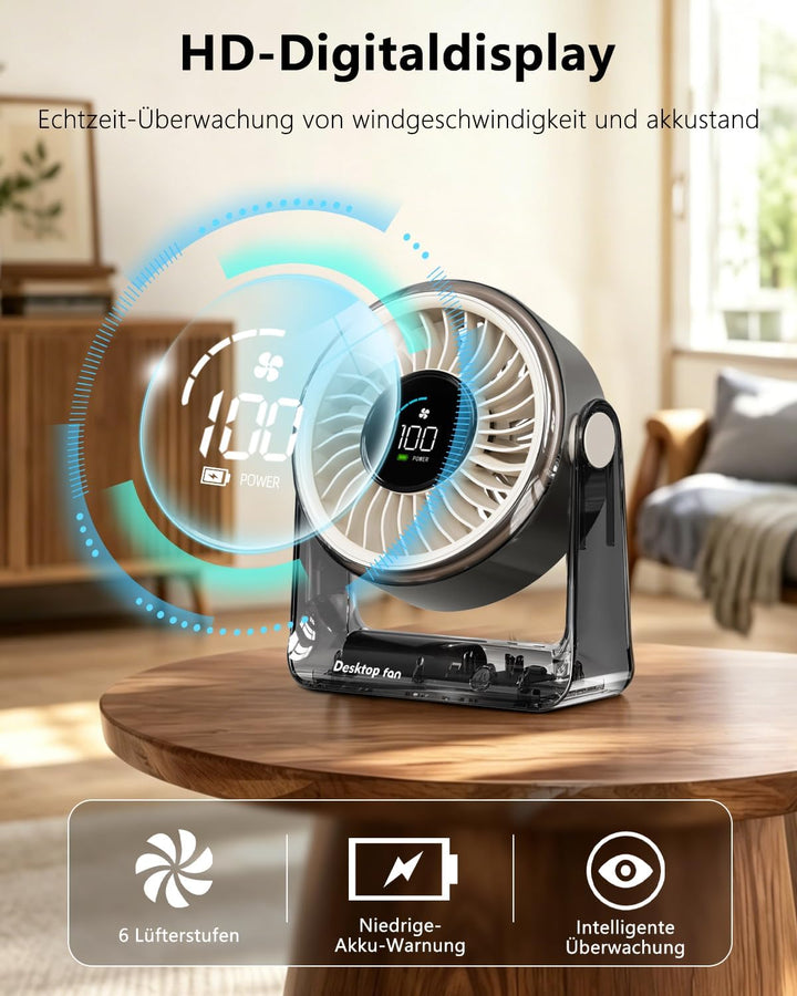 Tischventilator, USB Ventilator Akku, 6 Geschwindigkeiten Leise Ventilator mit LED Display, 360 ° Dr