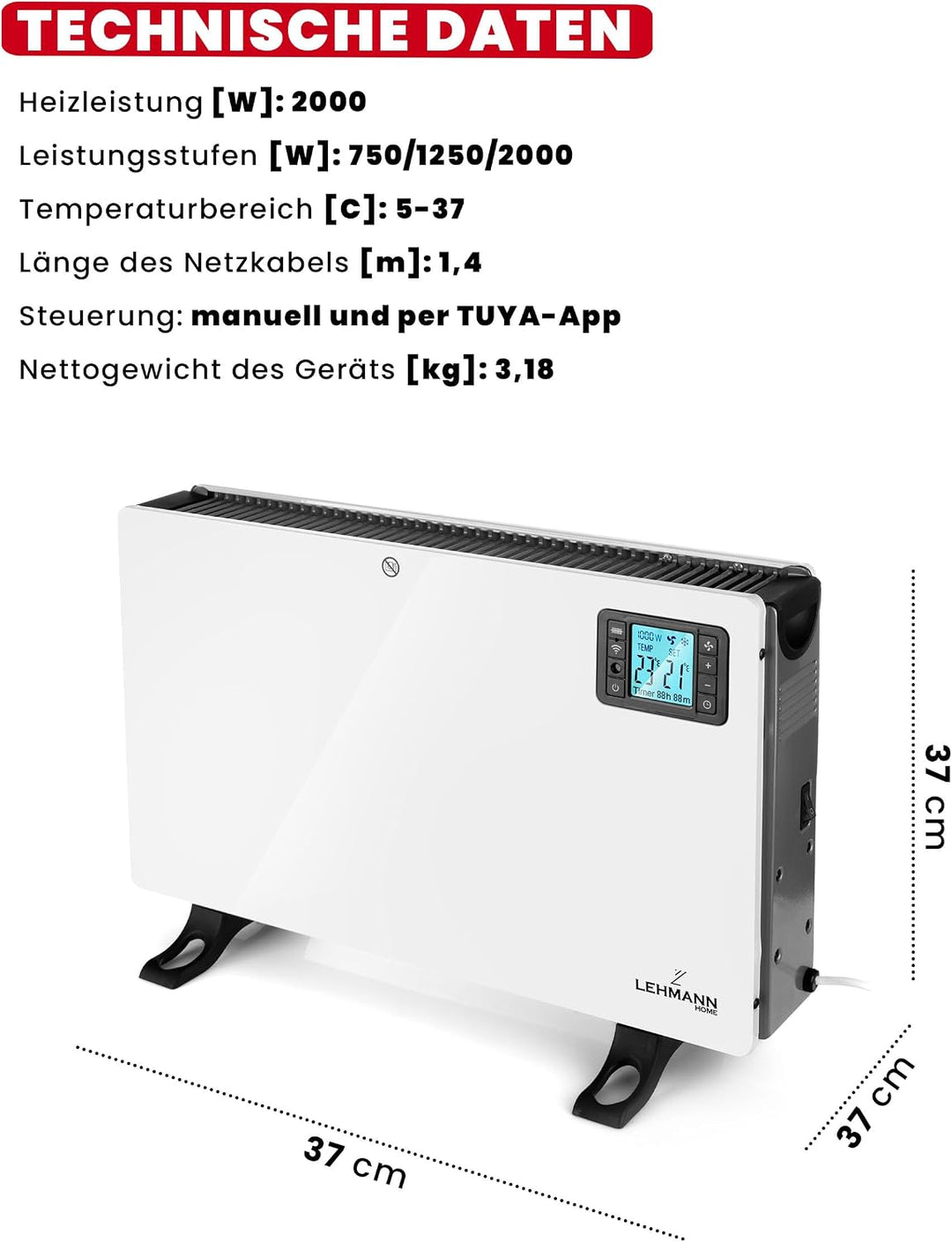 LEHMANN LHOHC-2013C Konvektor Heizung Heizkörper 2000 W | Elektroheizung mit 3 Heizstufen 750/1250 /