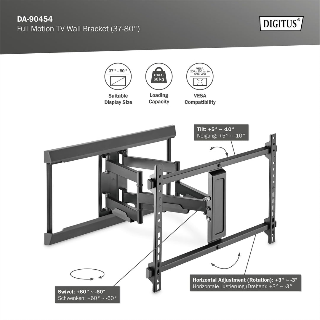 DIGITUS Full Motion TV-Wandhalterung 37-80" | 60 kg Belastung – Ausziehbar, schwenkbar, neigbar – In