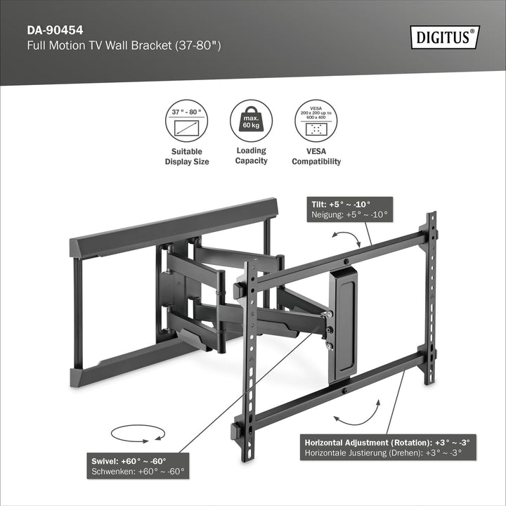 DIGITUS Full Motion TV-Wandhalterung 37-80" | 60 kg Belastung – Ausziehbar, schwenkbar, neigbar – In