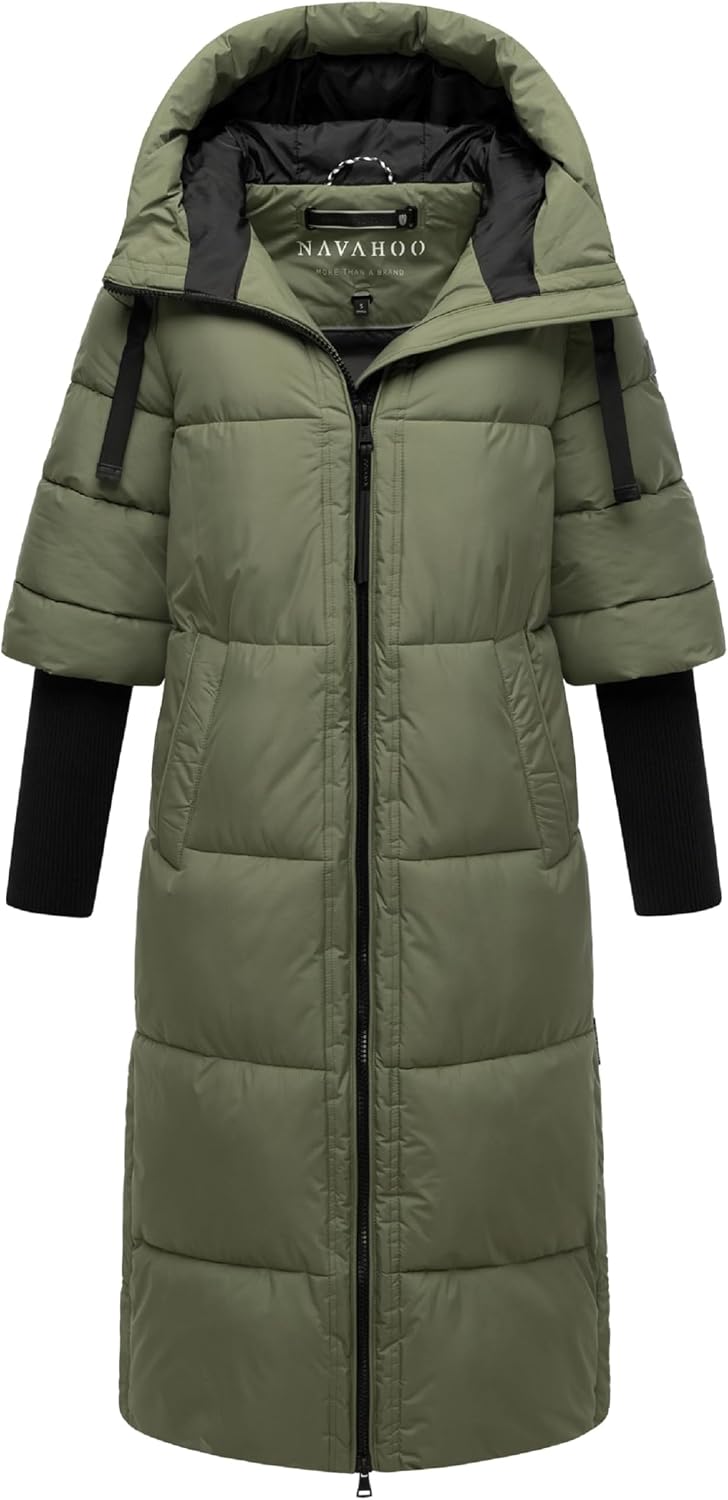 Navahoo Damen langer Wintermantel warmer Steppmantel mit Kapuze und Rippstrickärmeln Ciao Miau XIV X