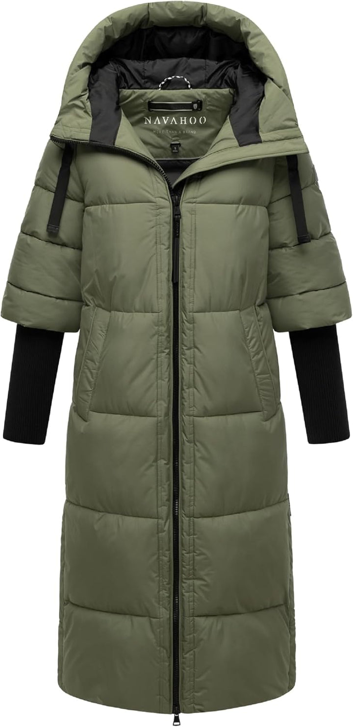 Navahoo Damen langer Wintermantel warmer Steppmantel mit Kapuze und Rippstrickärmeln Ciao Miau XIV X