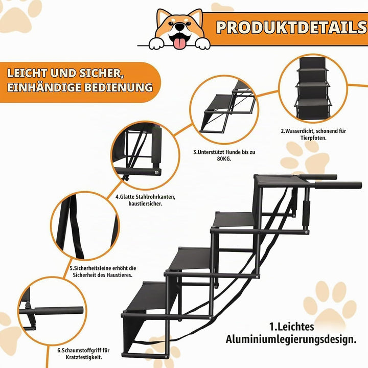 Hunderampe Auto Klappbar,Hundetreppe Grosse Hunde,Rampe Hund Auto 4 Stufen,Bis 80 kg belastbar,Hunde