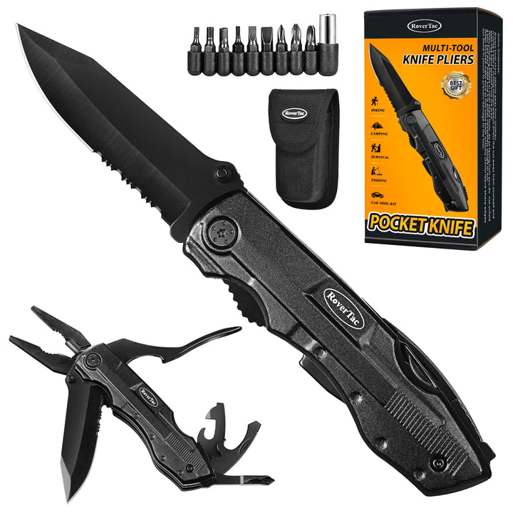 RoverTac Multitool Taschenmesser Männer Geschenk: Folding Knife Survival Camping Messer, Zange, Dose