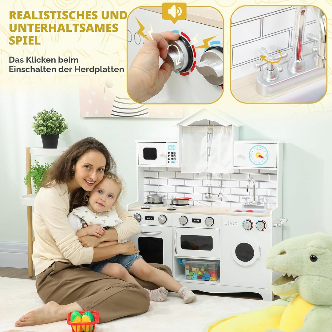 AIYAPLAY Kinderküche mit Ofen Spüle Soundfunktion für 3-6 Jahren Weiss