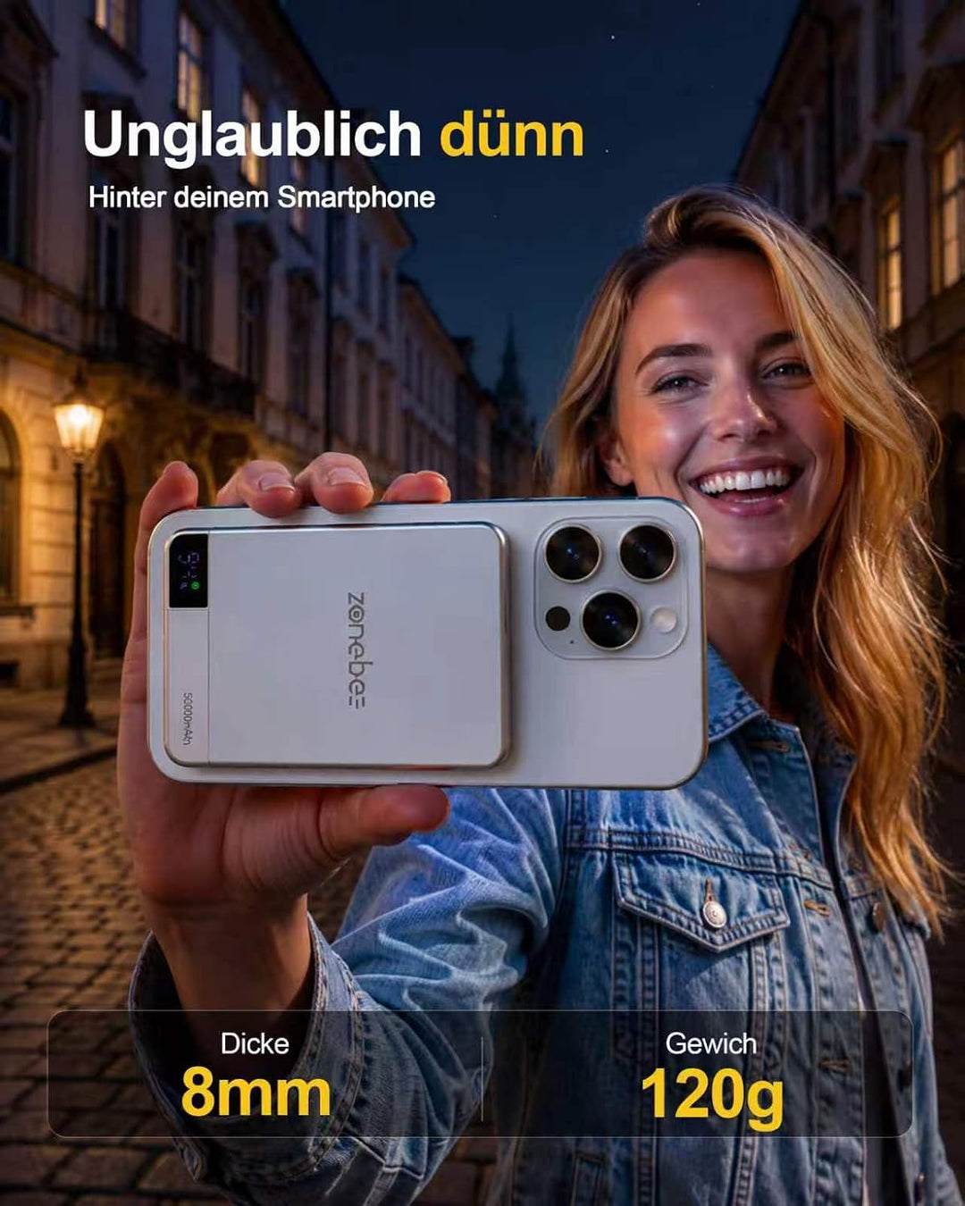 5000mAh Kabellose Powerbank, Ultra-Schlank und Leicht mit USB-C Schnellaufladung, Digitaler Anzeige,