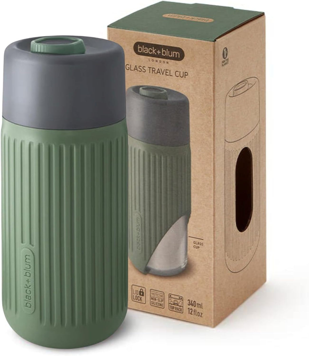 BLACK + BLUM Glas To-Go Becher, Olive, 340 ml, leichtes Borosilikatglas, rutschfeste, isolierende Si