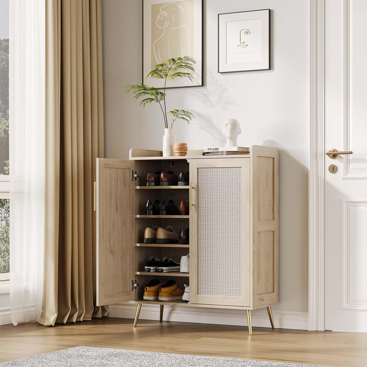 Rattan-Schuhschrank 5 Ebenen, Landhausstil Schuhschrank mit Türen &amp; Verstellbare Regale, Stabile Met