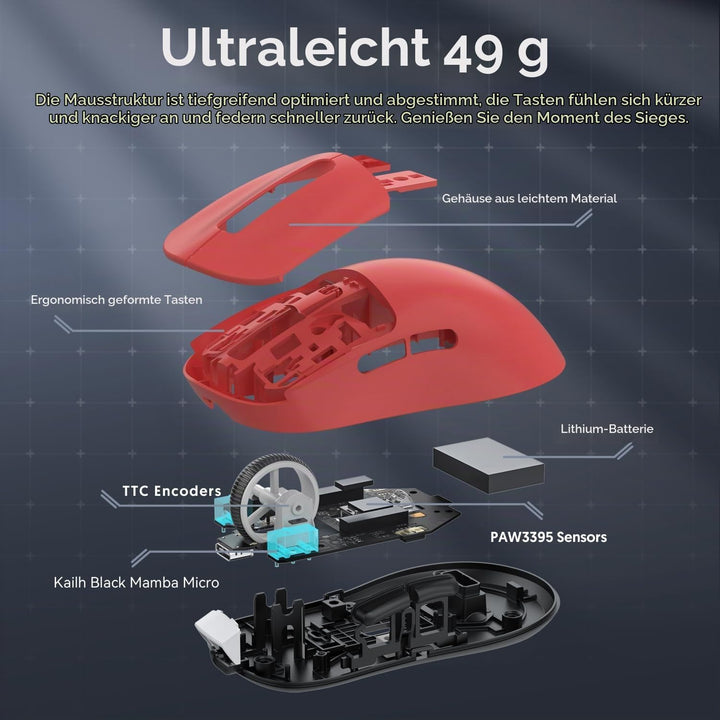 ATTACK SHARK X3 49g Ultraleicht Maus, PixArt PAW3395 Gaming-Sensor, BT/2,4G Kabellose/Kabelgebundene