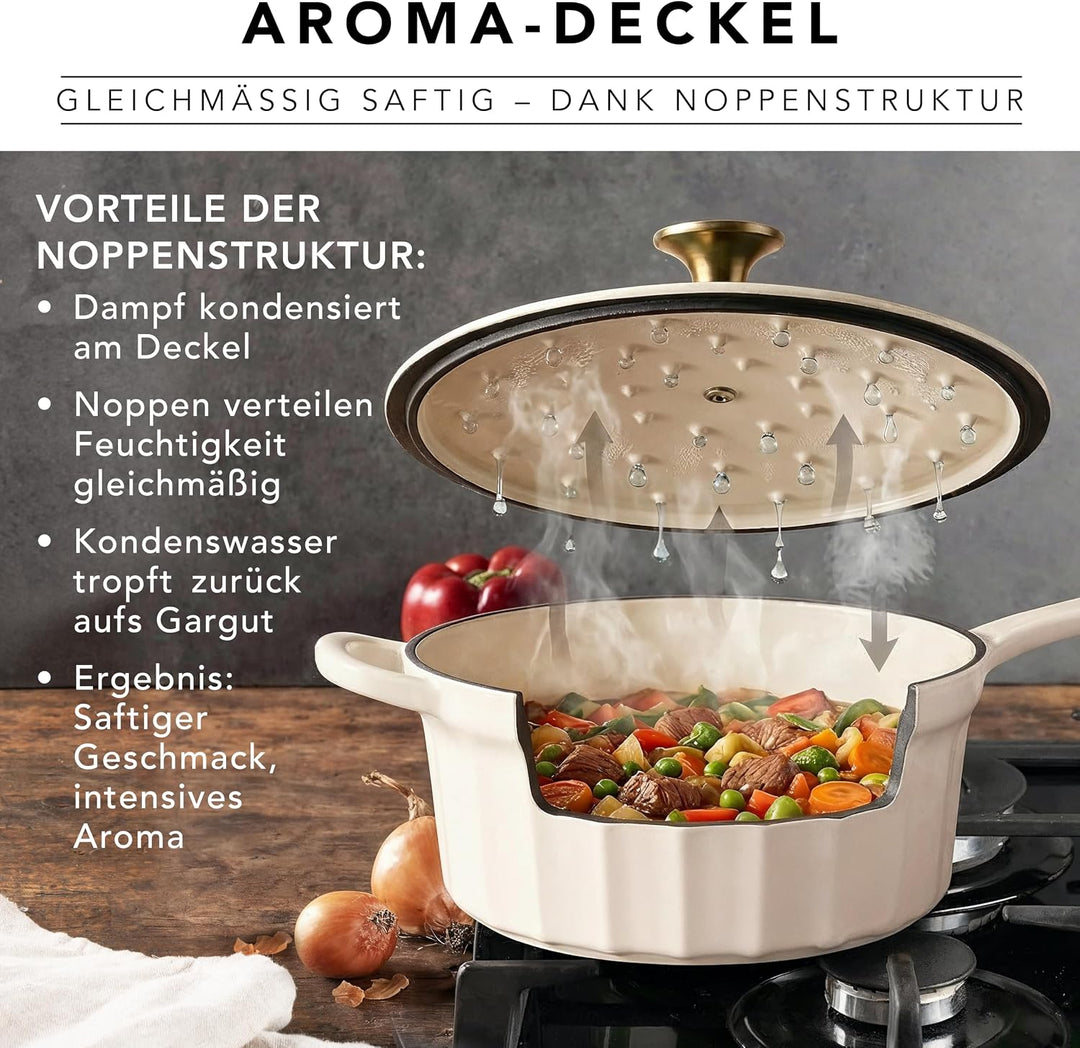 Römertopf Stielkasserolle Gusseisen 22 cm 2,3 L mit Deckel, Creme, Creme