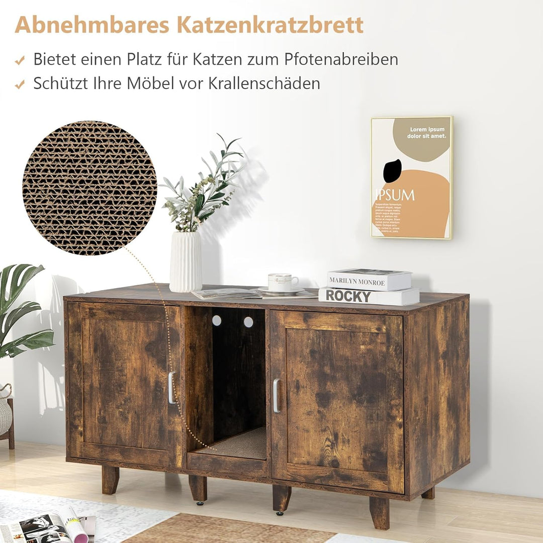 GOPLUS 3 in 1 Katzenschrank, Katzentoilette mit 2 Türen &amp; abnehmbaren Beinen &amp; herausnehmbarem Kratz