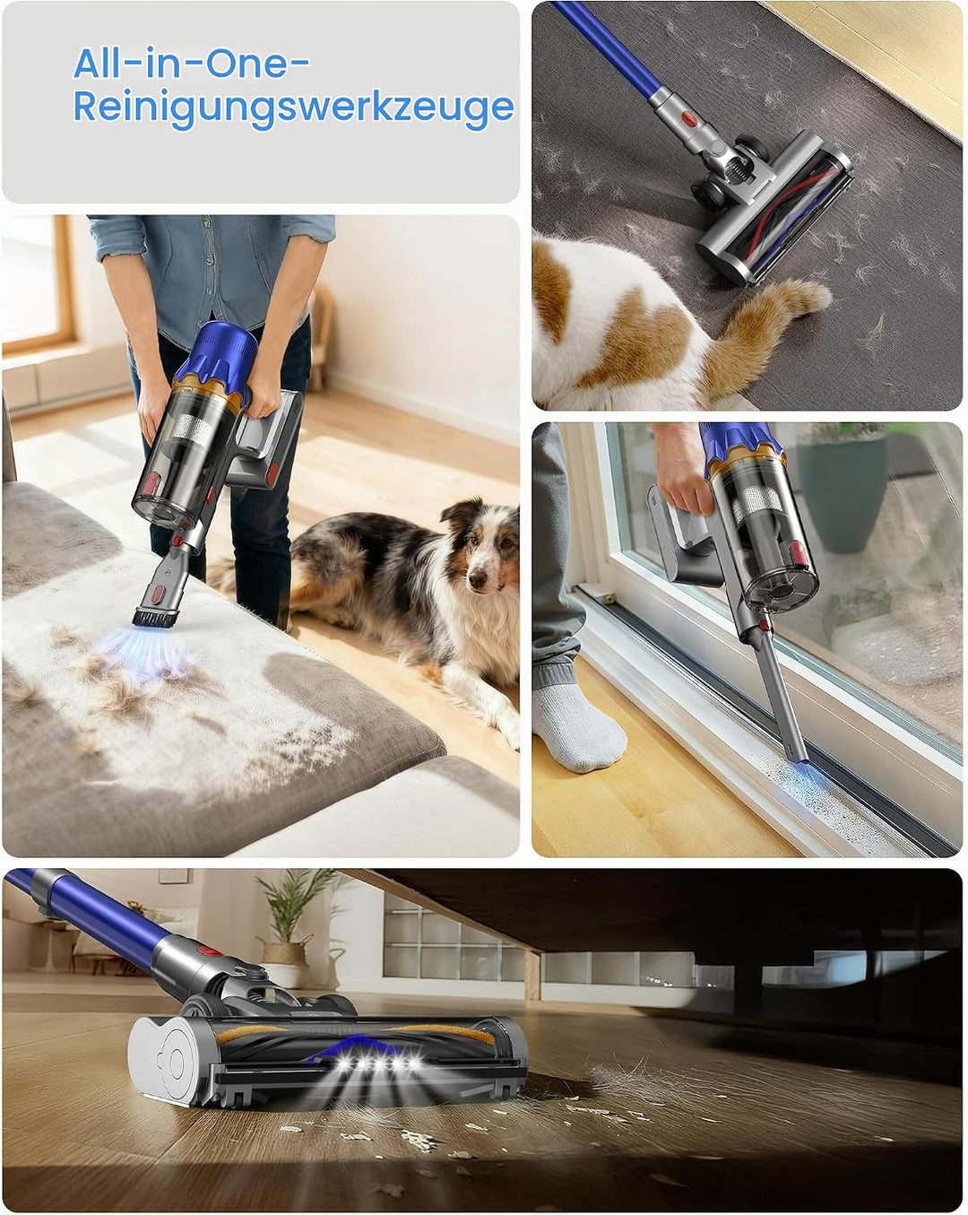 Akku Staubsauger für Zuhause kabelloser Stabstaubsauger: 45K Pa, 550 W, 65 Min, Anti-Tangle-Bürste,