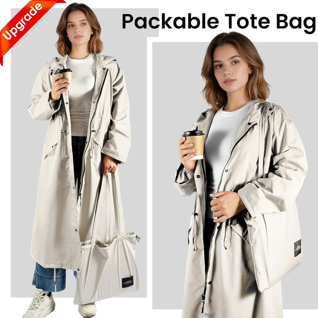 LAMA Stilvoller langer Regenmantel Unisex Regenponcho mit Wasserdichte Pattentasche Kapuze Tunnelzug