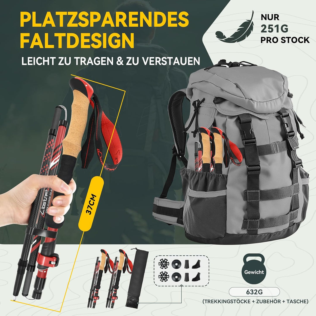 Clostnature Wanderstöcke Faltbar Carbon, Leichte Faltbare Trekkingstöcke Rot, Rot