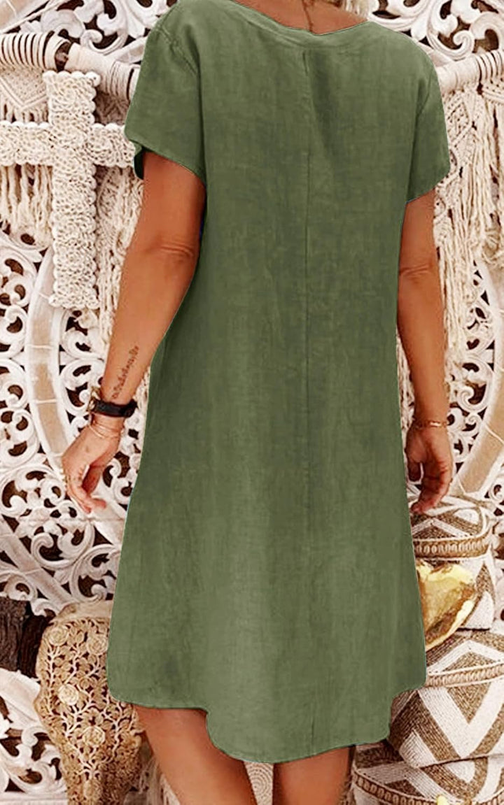 Tincini Sommerkleid Damen Leinen Kleider Casual V-Ausschnitt Midikleid Kurzarm A-Linie Kleid Strandk