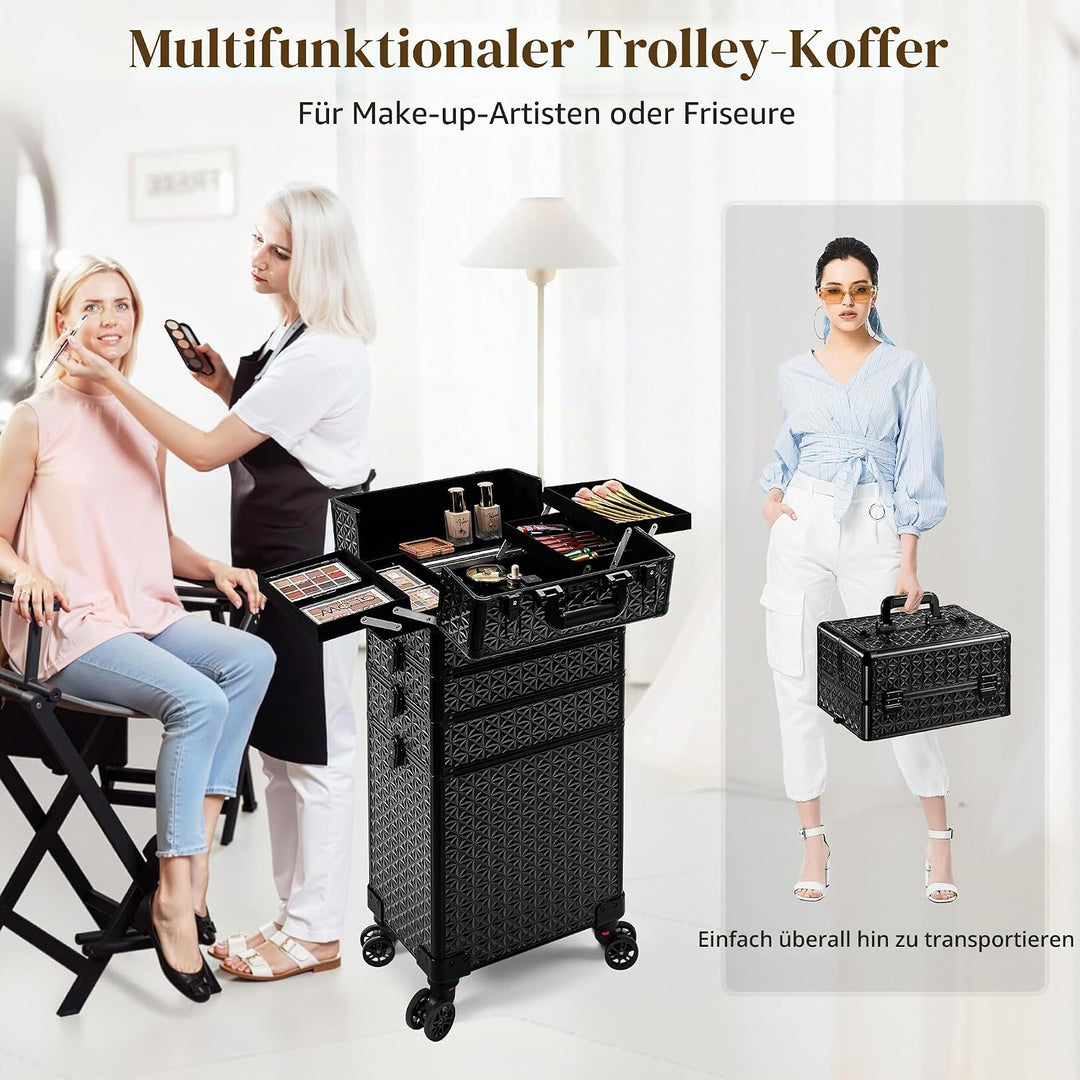 Arous 5-in-1 Profi-Kosmetikkoffer, Aluminium, mit 360° drehbaren Rädern Schwarz, Schwarz