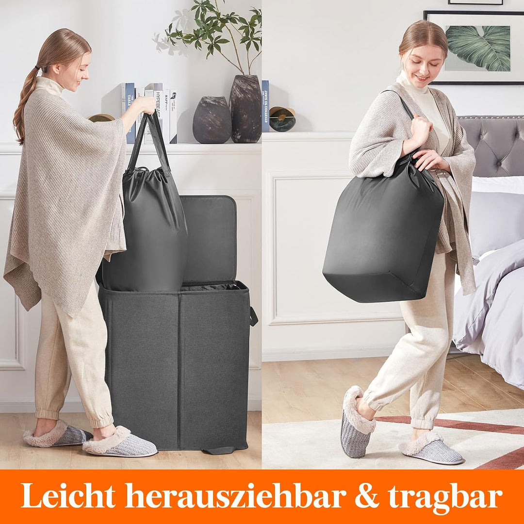 Lifewit Doppel Wäschekorb mit Deckel und abnehmbaren Wäschesäcken Schwarz 136L, Schwarz 136L