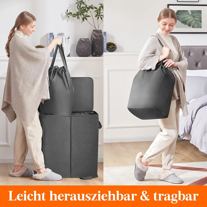 Lifewit Doppel Wäschekorb mit Deckel und abnehmbaren Wäschesäcken Schwarz 136L, Schwarz 136L