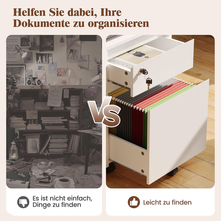 YOUDENOVA Rollcontainer mit Schubladen, Abschliessbar, Aktenschrank mit 2 Schubladen, 5 Rollen, Unte