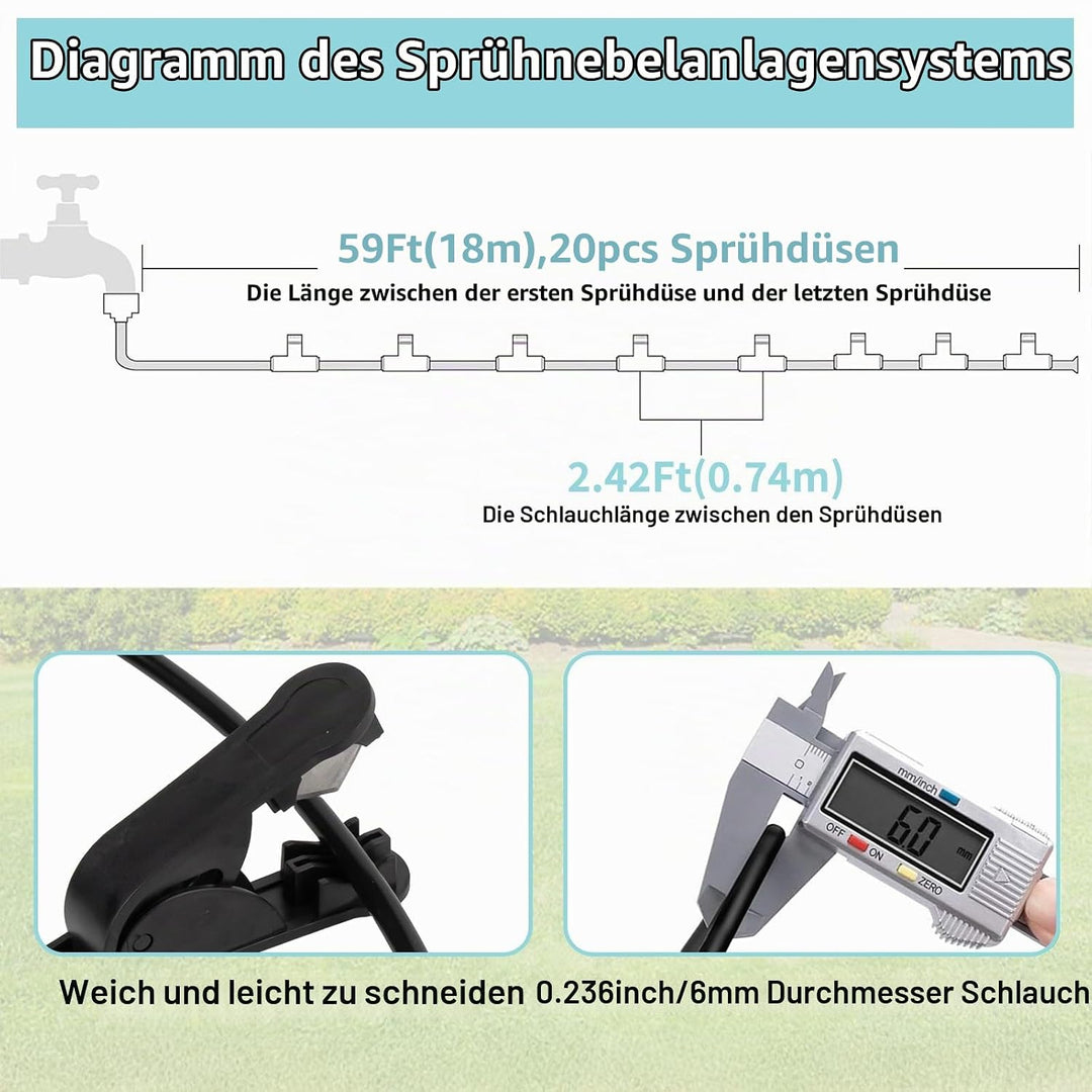 Tesmotor Sprühnebel Kühlung Set 18M | Outdoor Misting System mit 20 Messing Nebeldüsen &amp; Ein Filter,