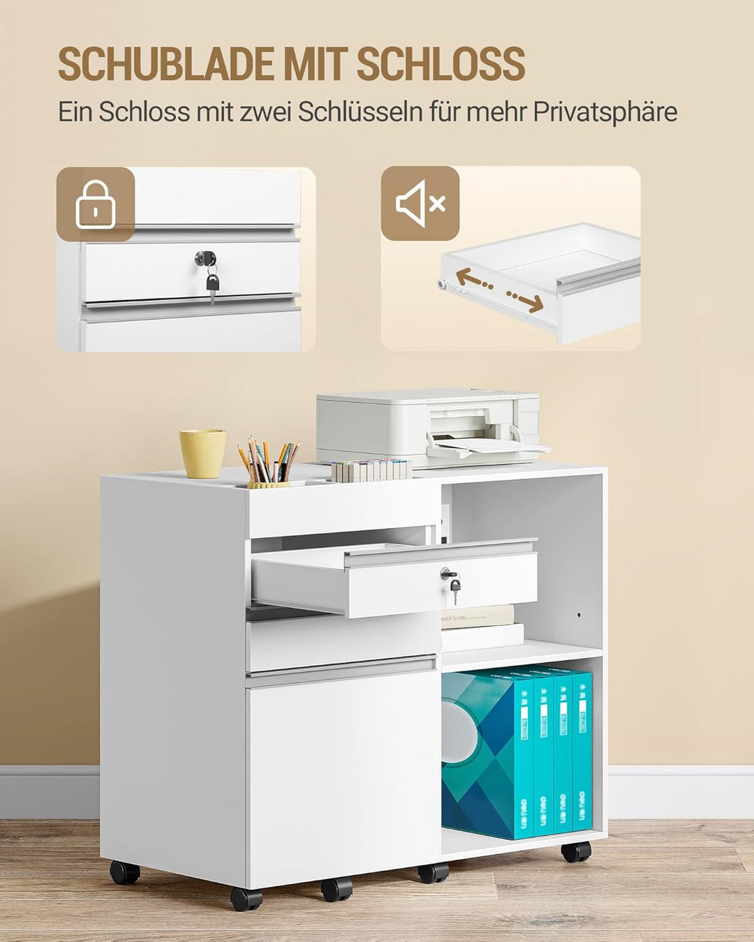 Hzuaneri Rollcontainer, mobiler Aktenschrank, Büroschrank mit 3 Schubladen, 2 offenen Fächern, Schub
